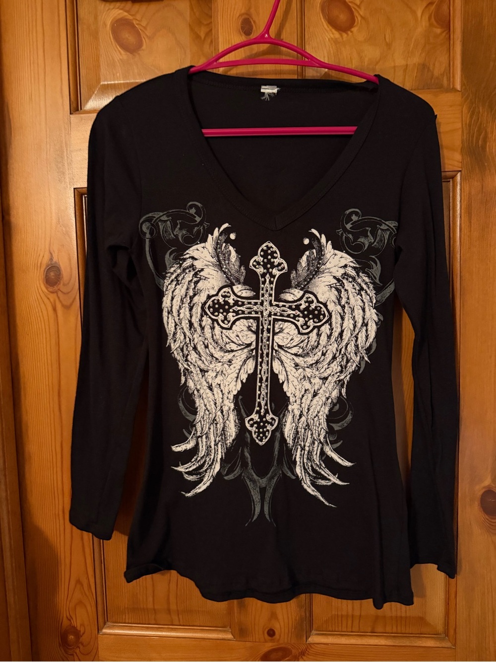 Women's Black V-Neck Long-Sleeve Top with White Winged Cross Graphic